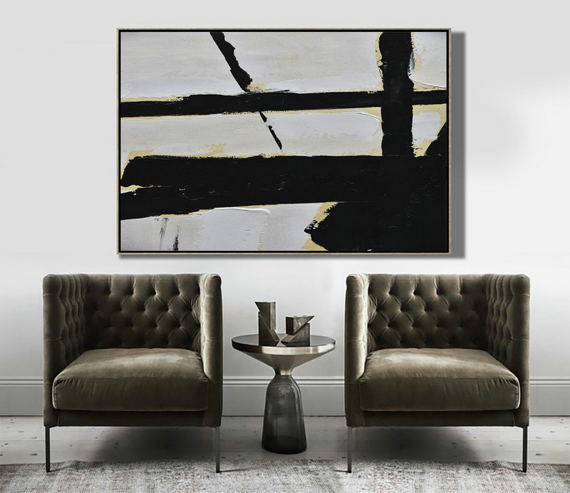 Large Wall Art Home Decor,Horizontal Palette Knife Minimal Canvas Art Painting Black White Beige - Acrylic Painting Large Wall Art